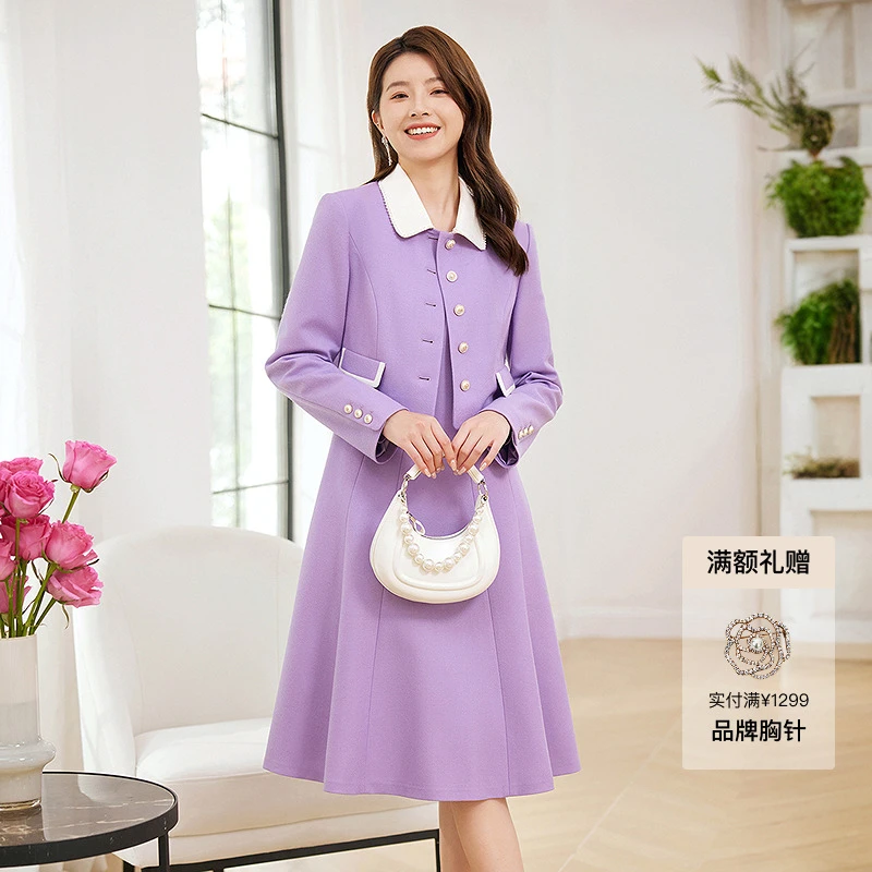 真两件套|高智紫色|美丽诺绵羊毛套装|法式温柔|显白秋冬连衣裙