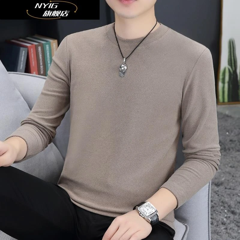 NYIG爆款打底衫秋冬长袖双面绒圆领套头保暖纯色内搭秋衣男装T恤