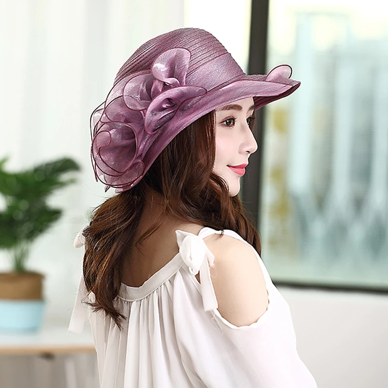 遮阳帽极简风夏季女圆顶花朵帽子渔夫帽百搭太阳帽欧根纱夏天凉帽