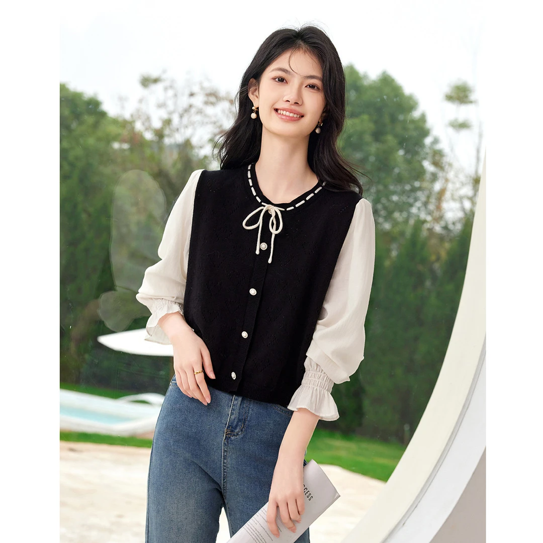 尚静法式优雅撞色假两件上衣2025春季新款小香风拼接圆领系带衬衫