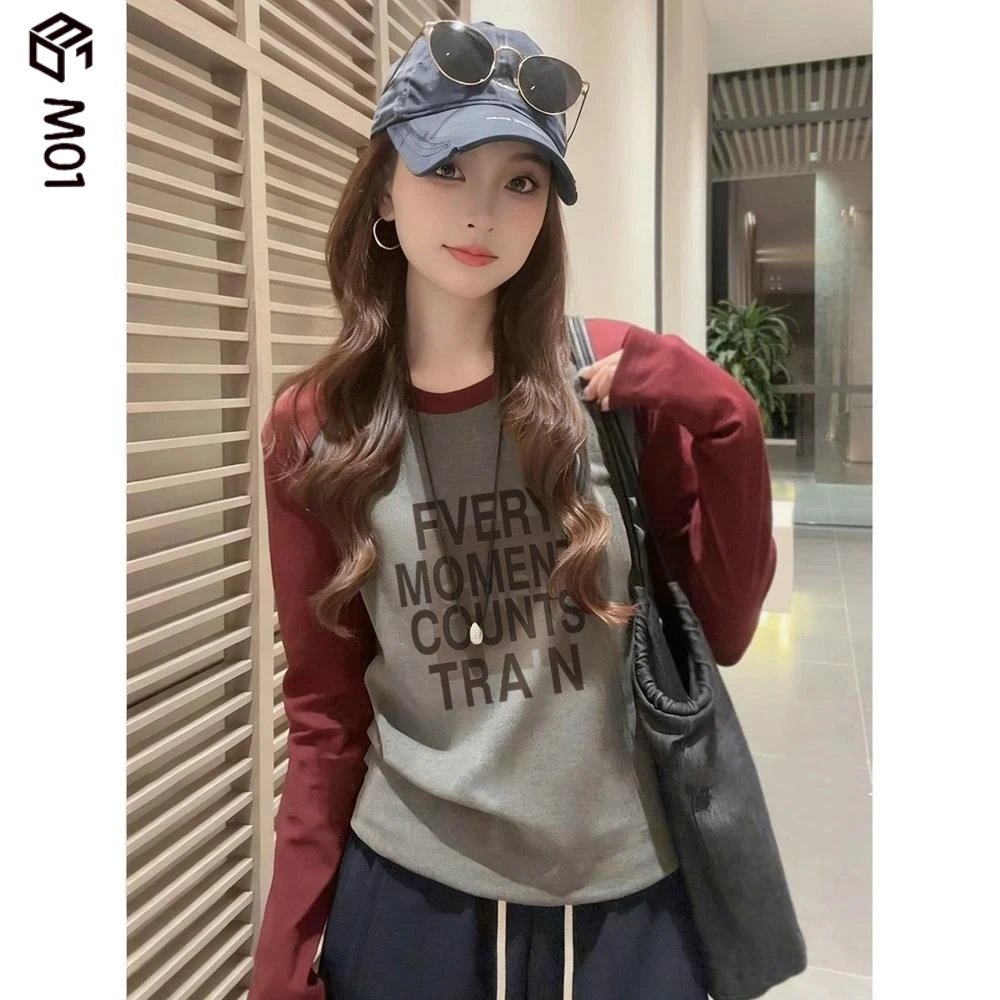 M01秋冬季正肩纯棉拼色长袖t恤女2025新款时尚百搭上衣内搭打底衫