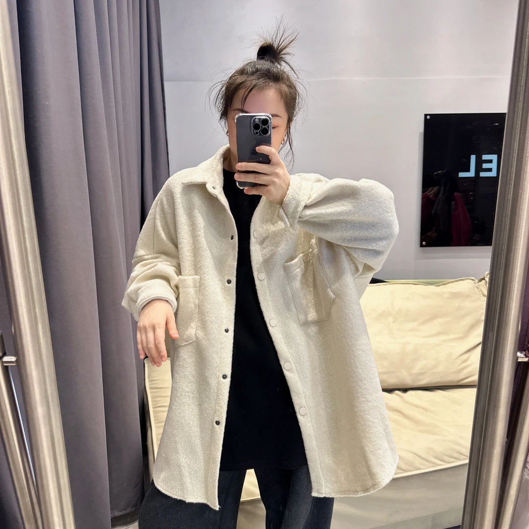 肆玖嘉韩版百搭气质长袖衬衫上衣翻领大码呢料休闲中长款衬衣外套