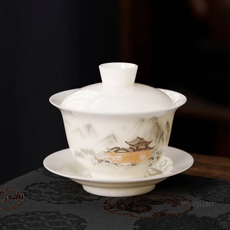 高档冰种玉瓷三才盖碗茶具家用泡茶白瓷茶盖碗大容量陶瓷瓷盖碗