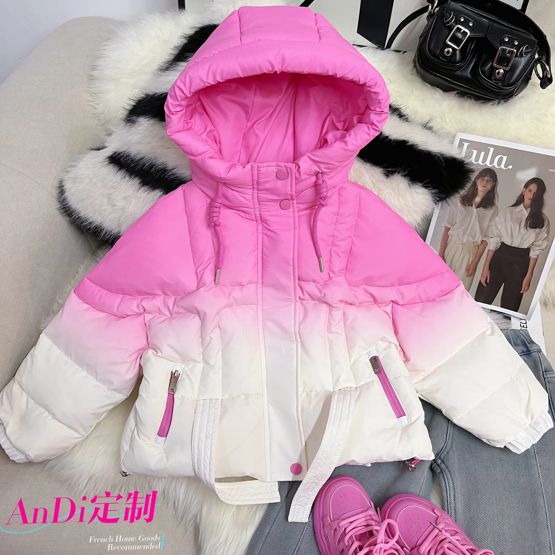 〖ANDI〗订制冬季女童中大童韩版洋气扎染撞色连帽羽绒服3207