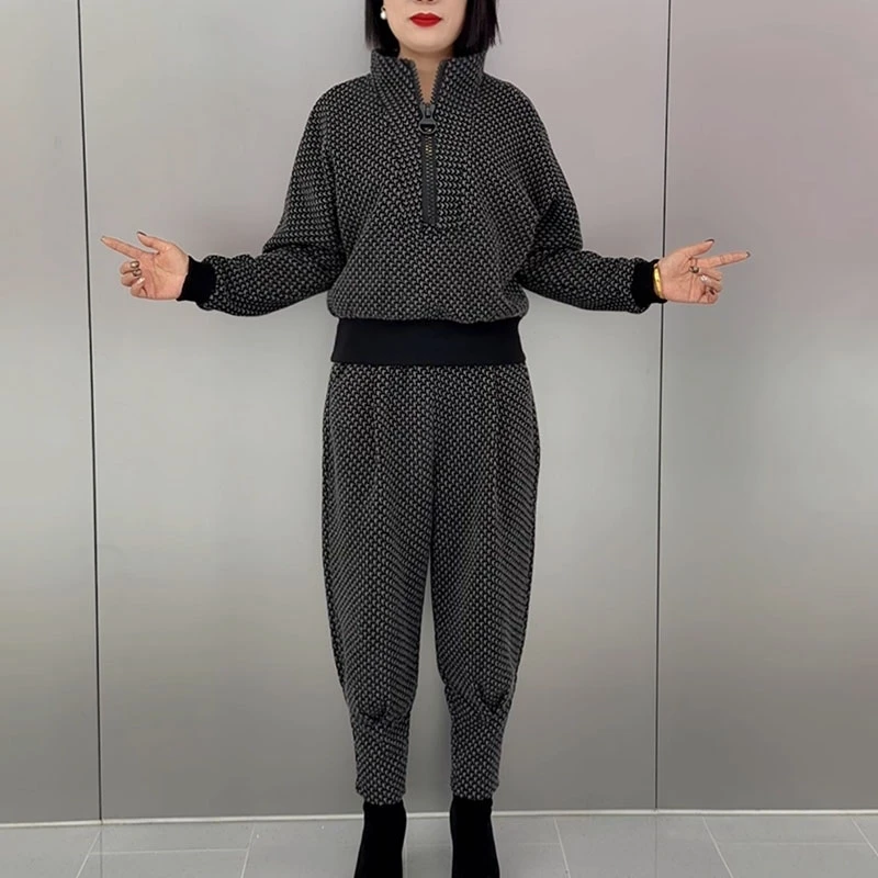 （1371）2025年冬季新款立领半拉链时尚洋气显瘦 遮肉 针织 套装 女