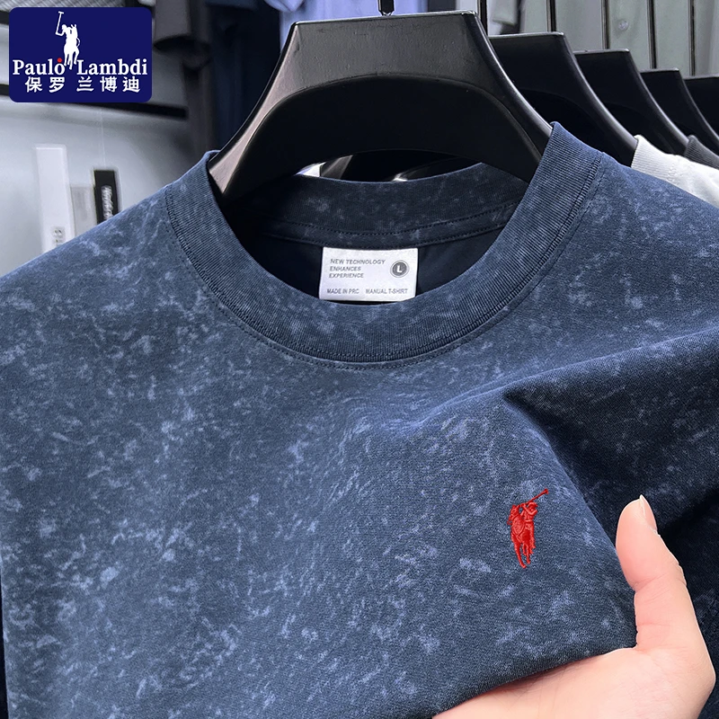 保罗夏季长绒棉潮牌短袖t恤男士高档蜡染刺绣宽松落肩圆领男装T恤