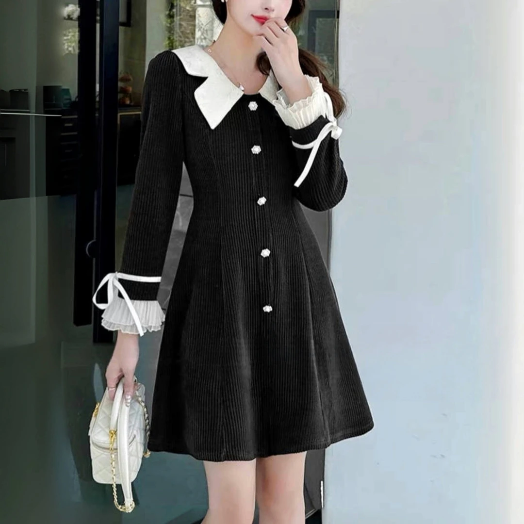 法式小香风娃娃领打单外穿黑色连衣裙秋冬胖mm收腰显瘦赫本小礼服