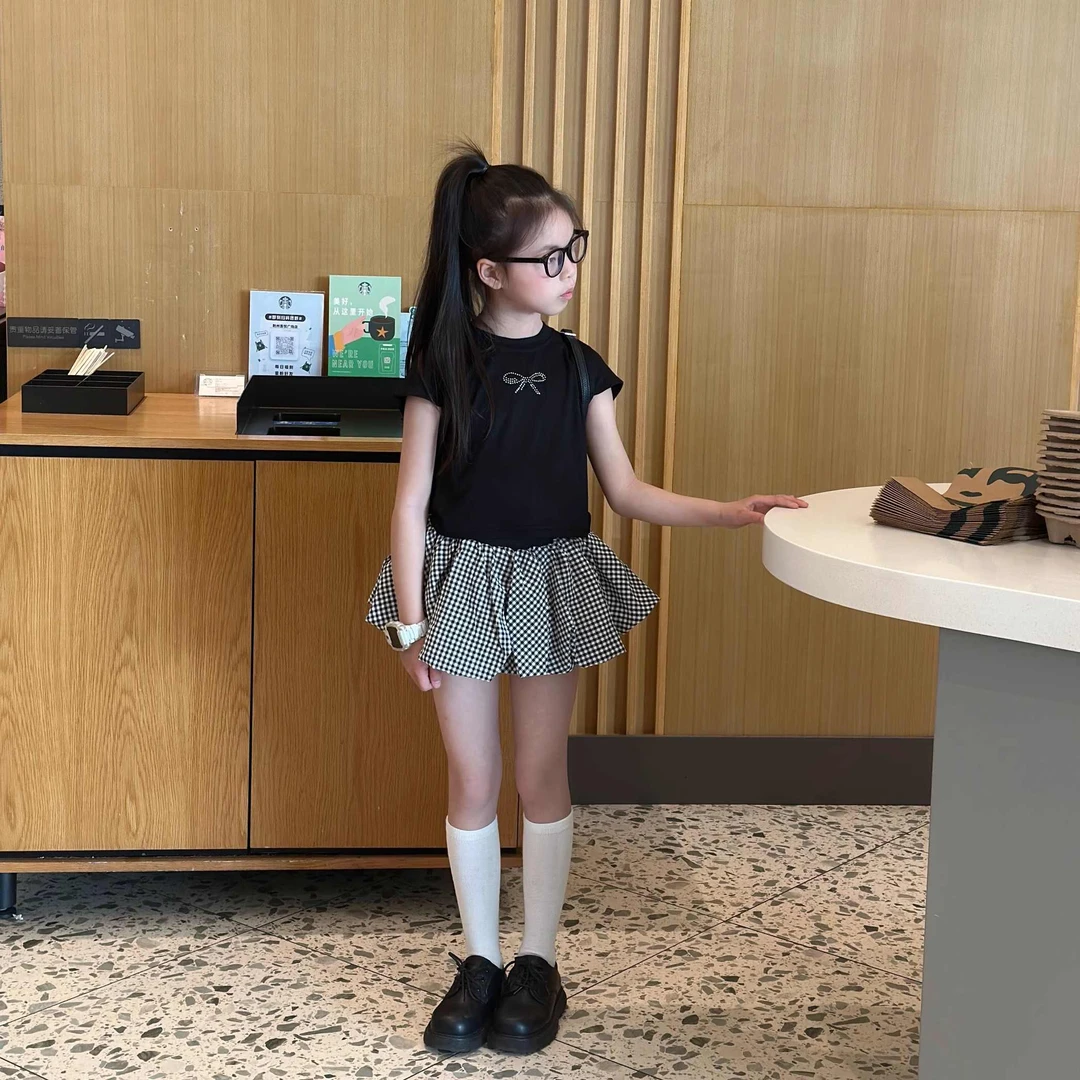 女童夏季套装女宝短袖上衣格子半身裙两件套儿童2025新款学院童装