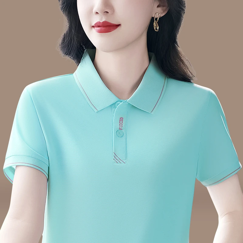 冰丝短袖t恤女夏季2025新款中年洋气夏装简约纯色上衣宽松polo衫