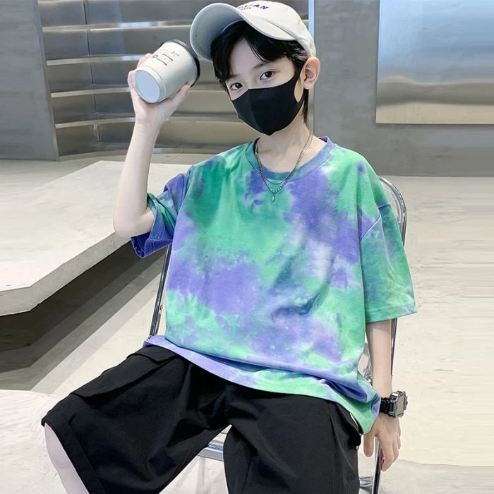 男童短袖t恤夏季儿童夏装男孩中大童半袖纯棉2025新款扎染上衣T恤