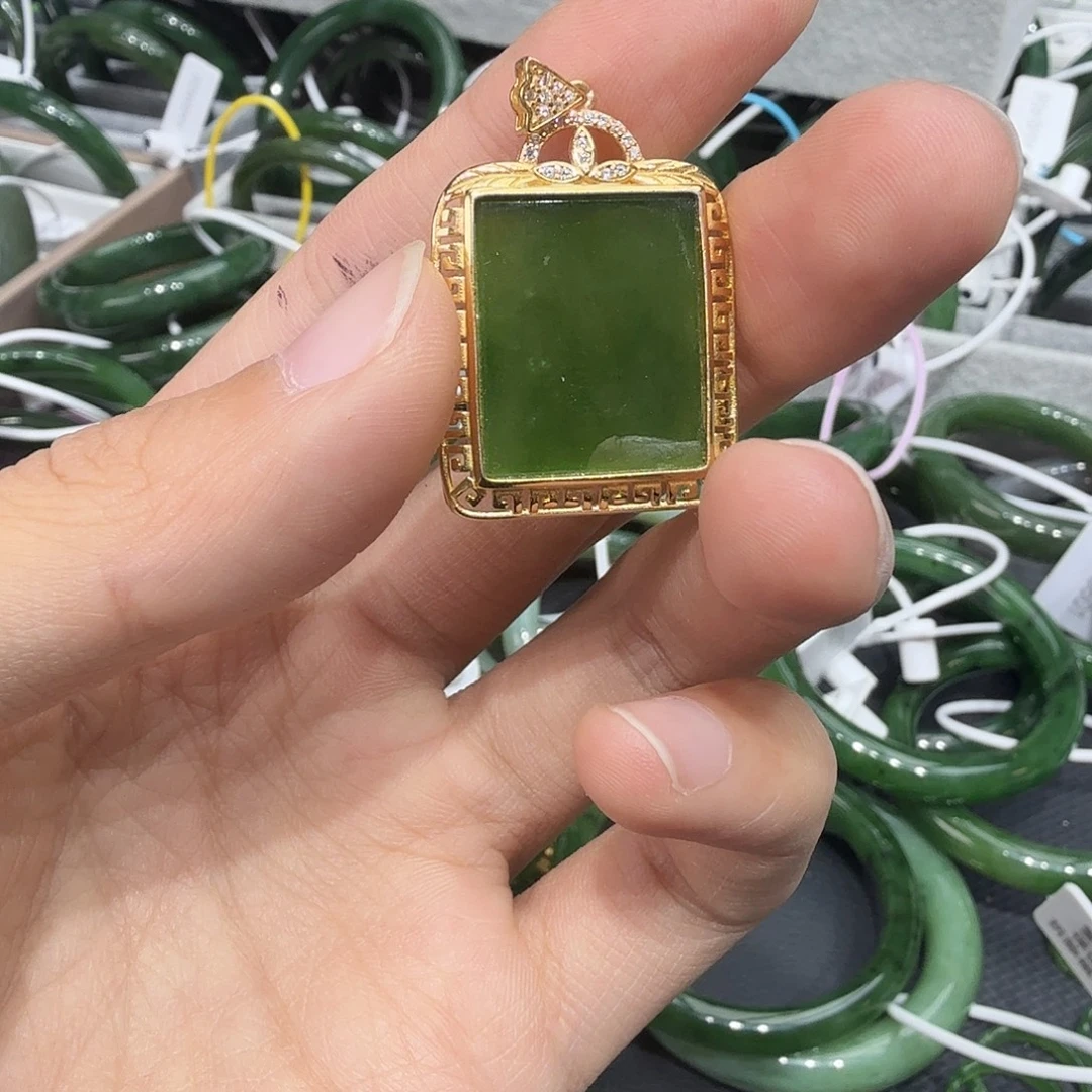 和田玉（碧玉）银S925镀金镶嵌吊坠(不含链)