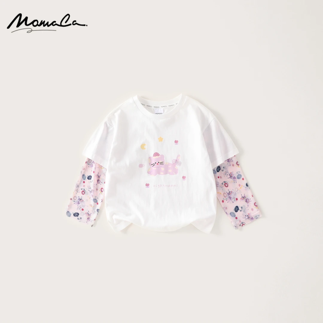 MOMOCO夏季新款女童假两件猫咪T恤百搭宝宝上衣77620235007、6