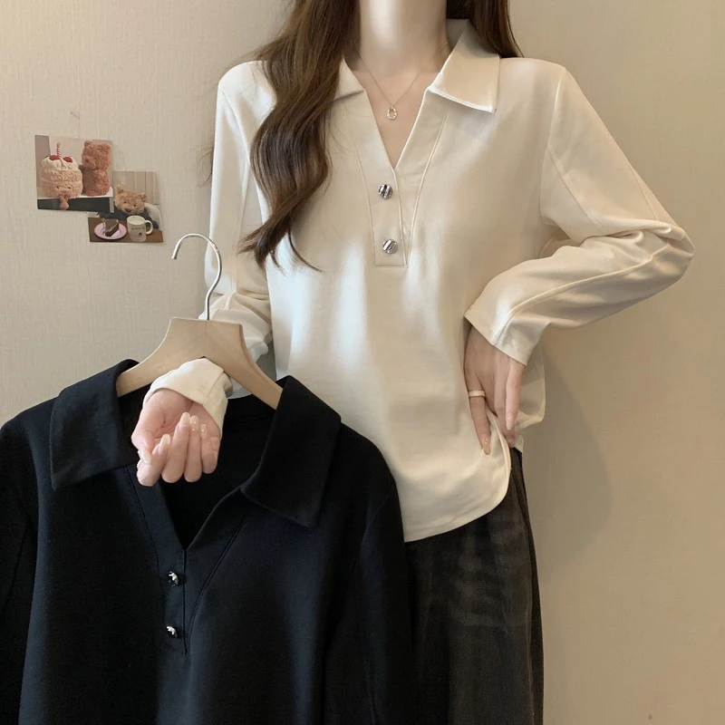 大码女装秋季不规则短款V领正肩长袖T恤衬衫胖mm显瘦遮肚上衣藏肉