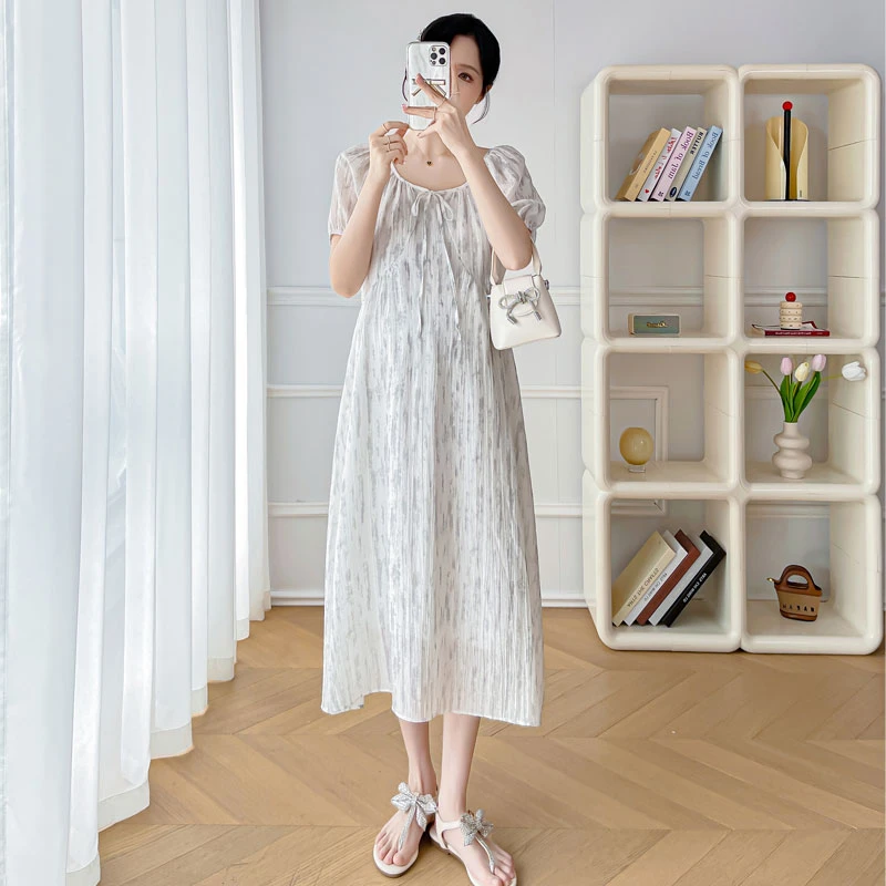 孕妇装2025新款夏季气质中长款孕妇裙短袖宽松连衣裙