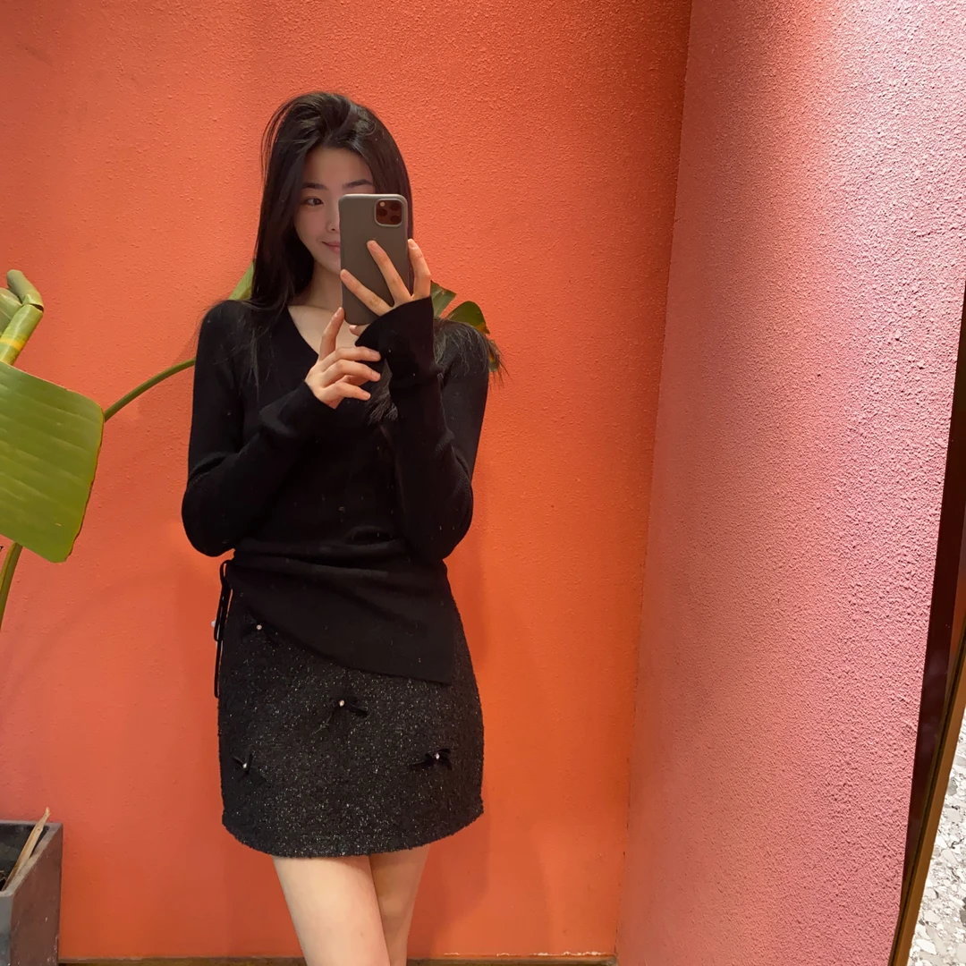 （默茗服装）粗花呢带钻小香半裙