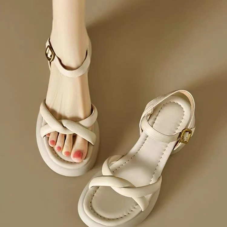 巨好看不累脚凉鞋踩屎感羊皮厚底交叉带罗马凉鞋女夏季漏趾高跟鞋