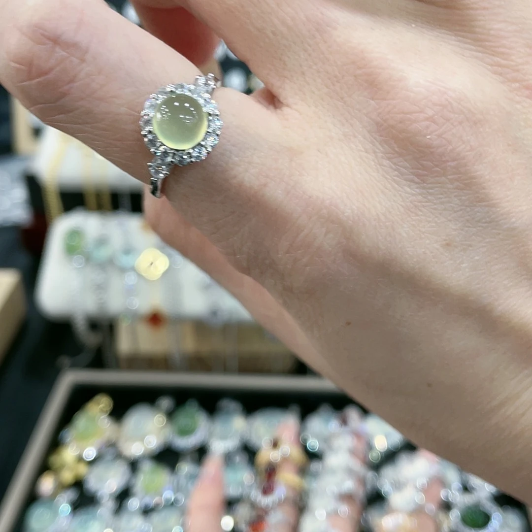 蛇纹石玉戒指银S925镶嵌啾*风米水