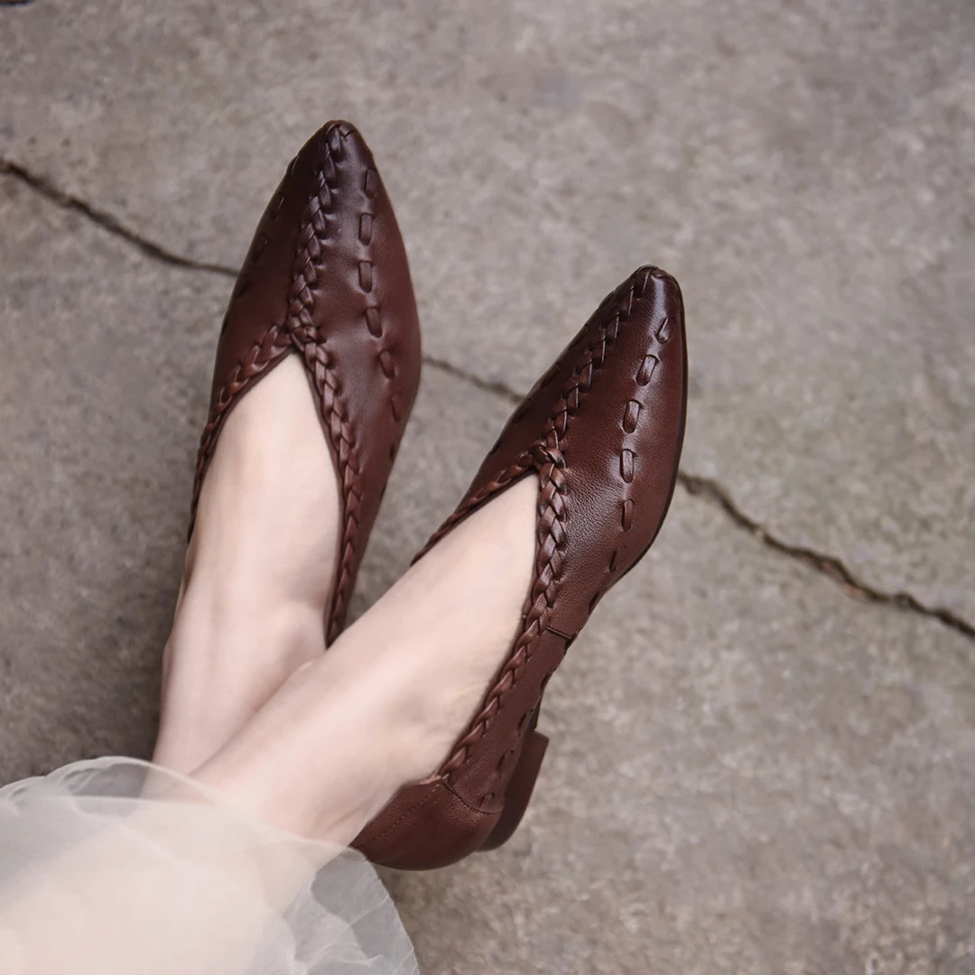 Artmu阿木原创真皮编织尖头单鞋女平底浅口奶奶鞋新款2688-126