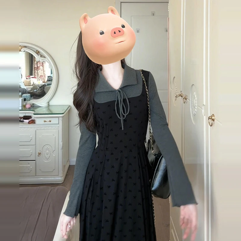 【现货+运补】法式气质赫本风假两件灰色收腰显瘦连衣裙长裙女8597