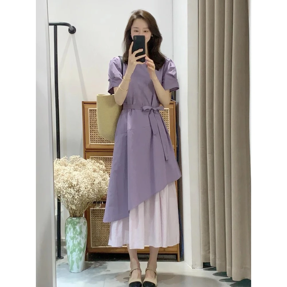 夏日绝美小裙子独特漂亮气质高级感收腰显瘦大码紫色假两件连衣裙