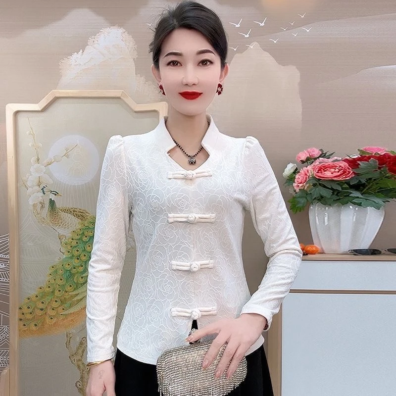 春秋内搭打底衫女加绒长袖国风复古气质大码妈妈上衣新中式小衫