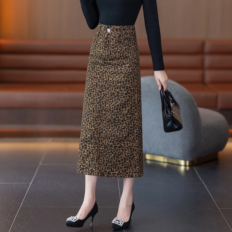 早秋冬季咖色豹纹洋气时尚显瘦修身开叉包臀长裙高腰牛仔半身裙女