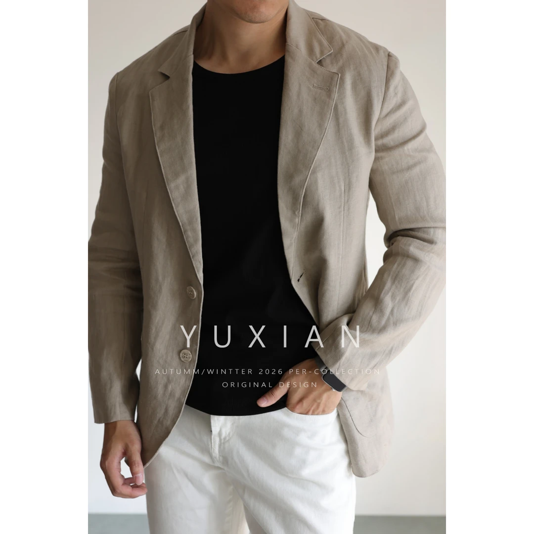 YUXIAN春夏100%亚麻休闲商务西装薄款修身男士西服外套通勤透气
