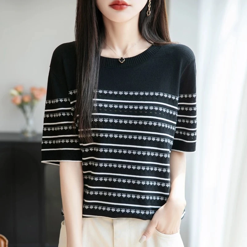 【黑色草莓提花短袖】夏季透气冰凉镂空针织衫短袖