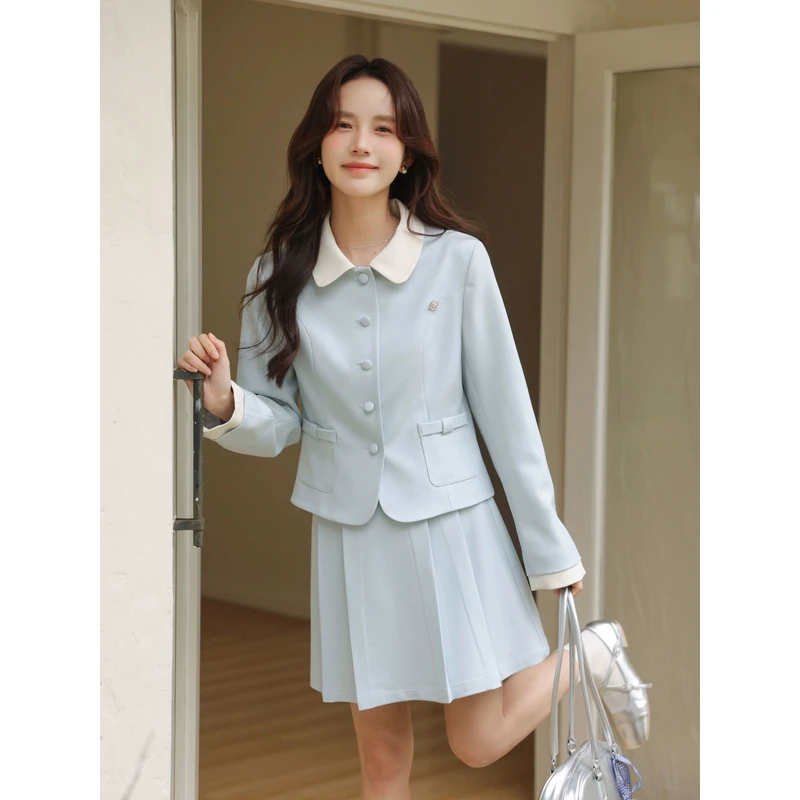 瞌睡兔假两件垫肩西装外套女春高腰遮胯显瘦短裙西服套装