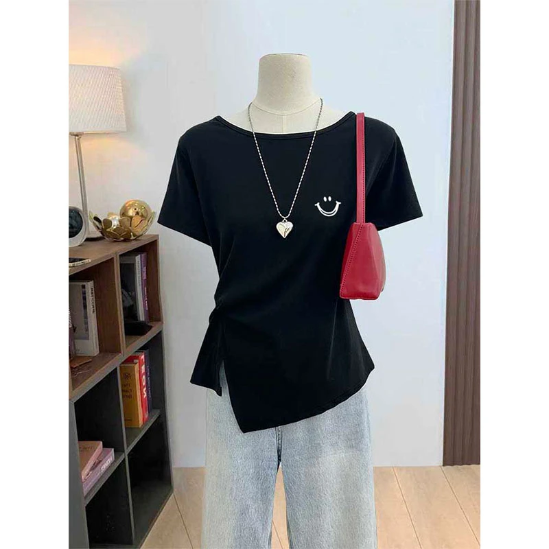 2025夏季新款简约开叉正肩黑色短袖t恤女装时尚减龄显瘦气质上衣