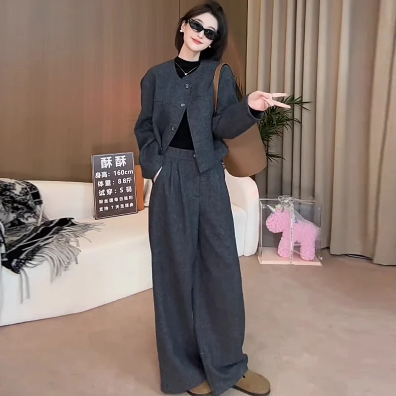 加厚时尚套装女2024秋冬新款韩版洋气时髦毛呢外套阔腿裤两件套潮