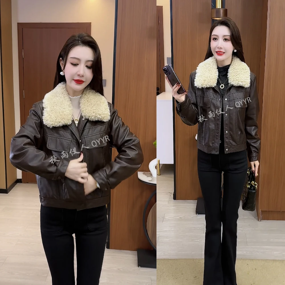 【秋雨仪人】加绒加厚海宁皮衣短款外套女秋冬季新款毛领皮夹克上衣