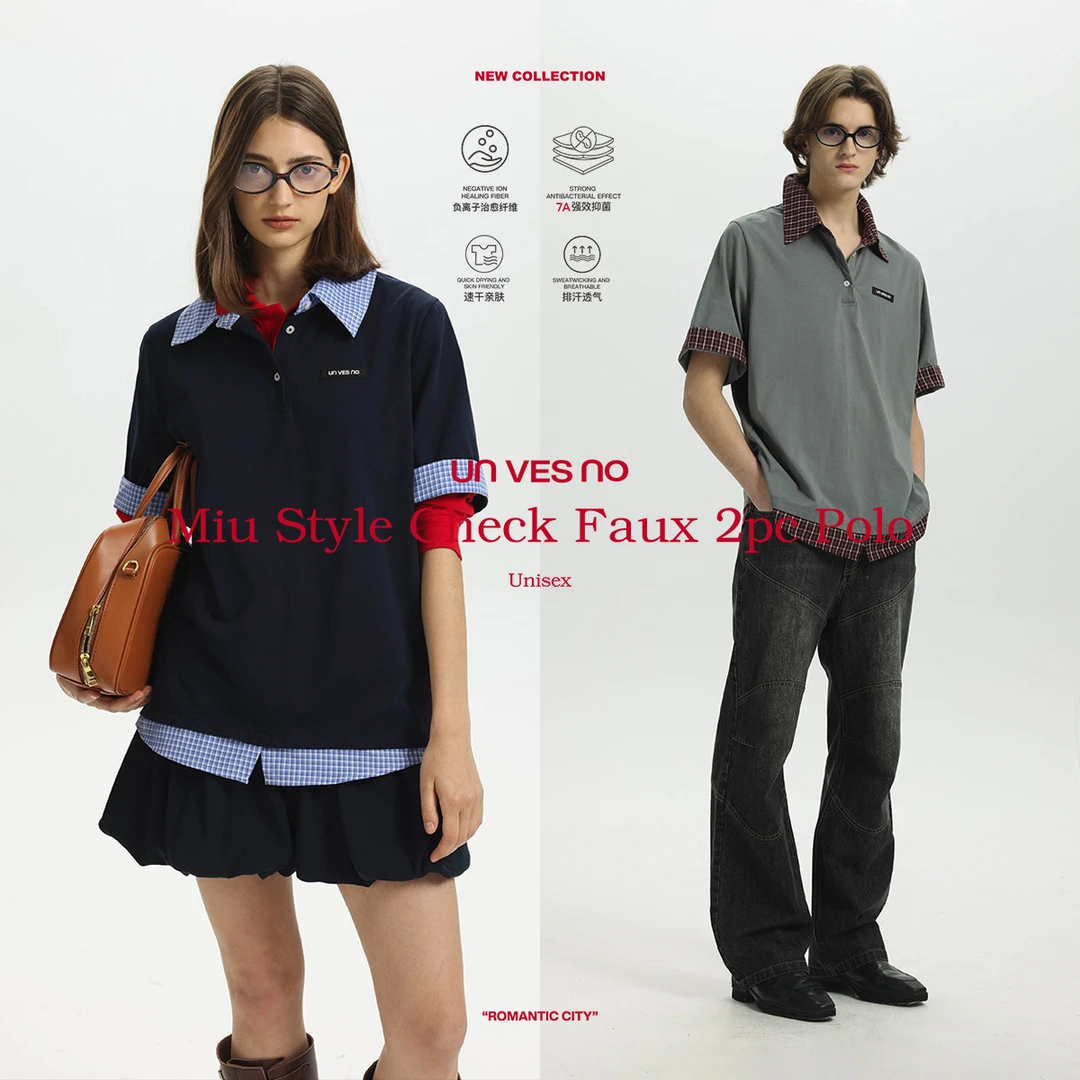 Unvesno(UN)MIU系智感格纹透气拼接假两件四合一功能7A抗菌polo衫