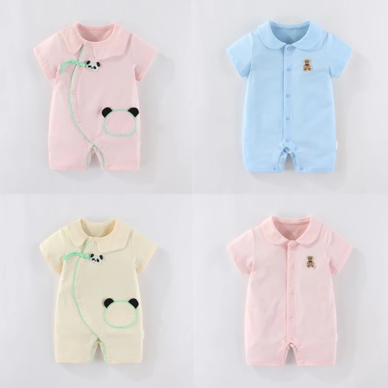 夏季纯棉连体衣外出服新生儿短袖哈衣男女宝宝薄款透气爬服家居服