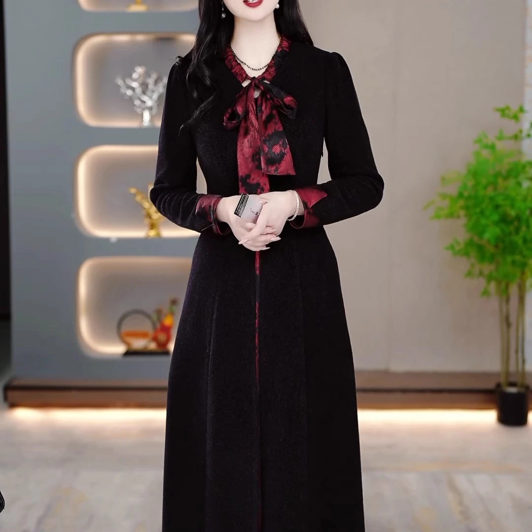 加绒加厚长袖连衣裙2024新款冬季女气质名媛贵夫人显瘦假两件裙子