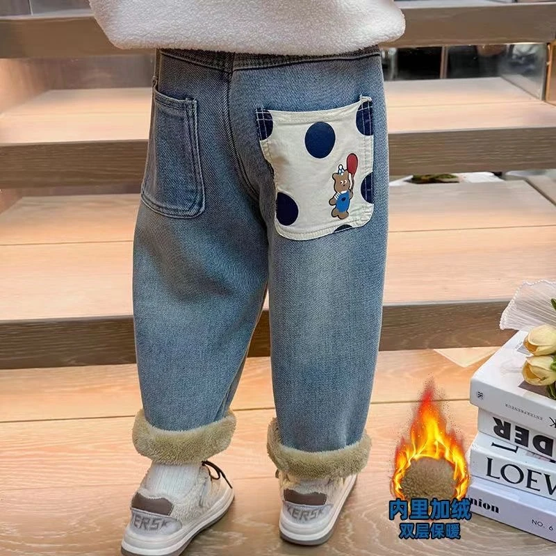 儿童加厚加绒牛仔裤秋冬季中小童一体绒裤子男女童装保暖休闲长裤