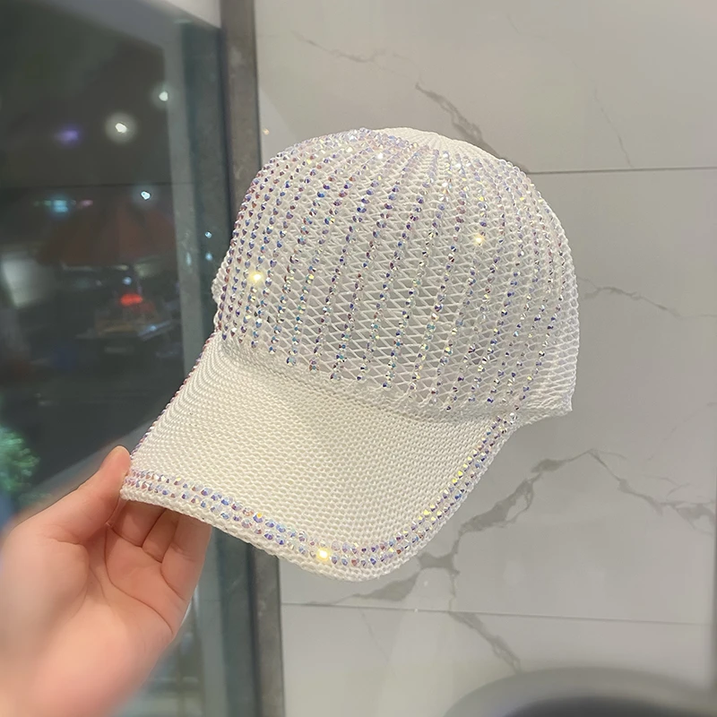 Miss both帽子女夏手工烫钻针织镂空鸭舌帽时尚水钻遮阳棒球帽潮