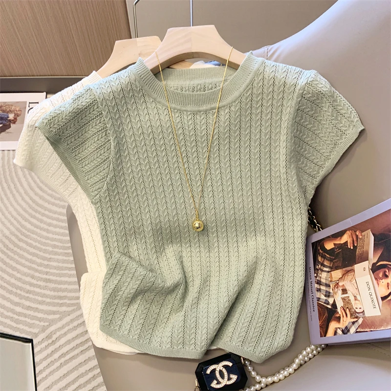 法式别致镂空圆领针织衫女短袖2025夏新款温柔超好看轻薄打底上衣