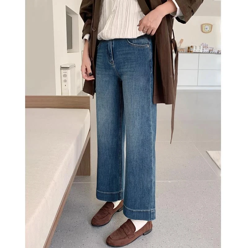 孕妇裤子外穿春秋新款九分阔腿牛仔裤时尚宽松显瘦托腹弹力直筒裤