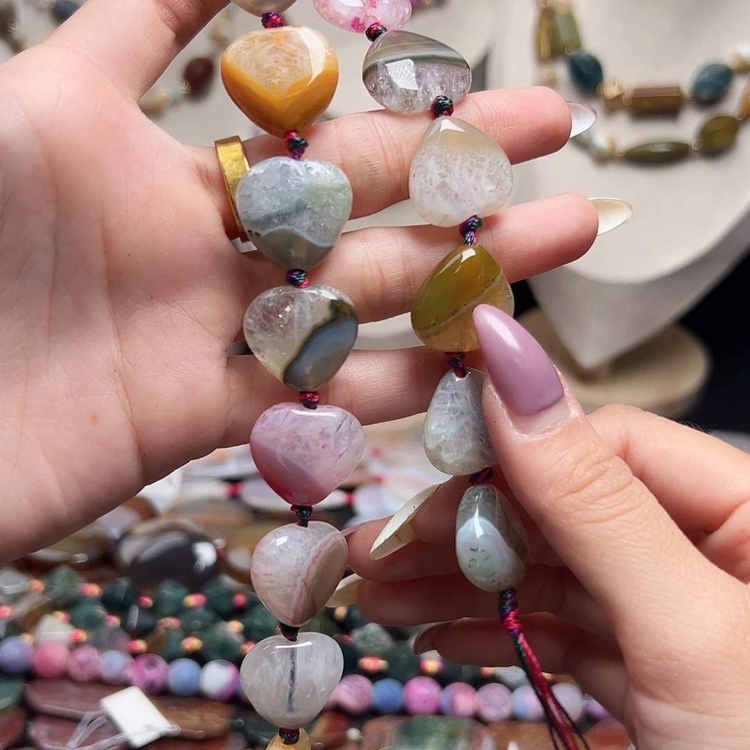 玛瑙/玉髓合金珠宝半成品w267 20*19m 爱心双拼玛瑙水晶共生一条