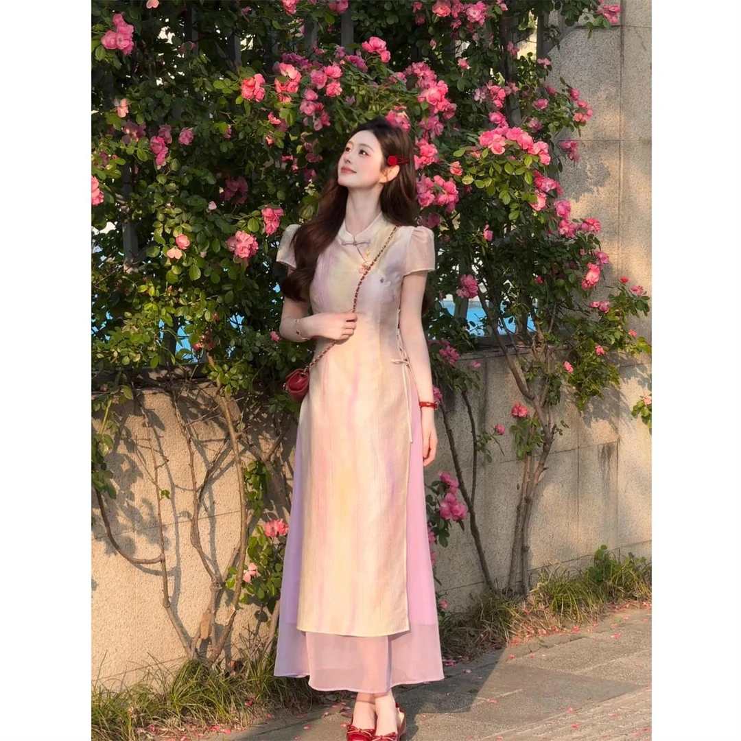 【9898】新中式国风渐变旗袍2025夏新品假两件连衣裙上班可穿