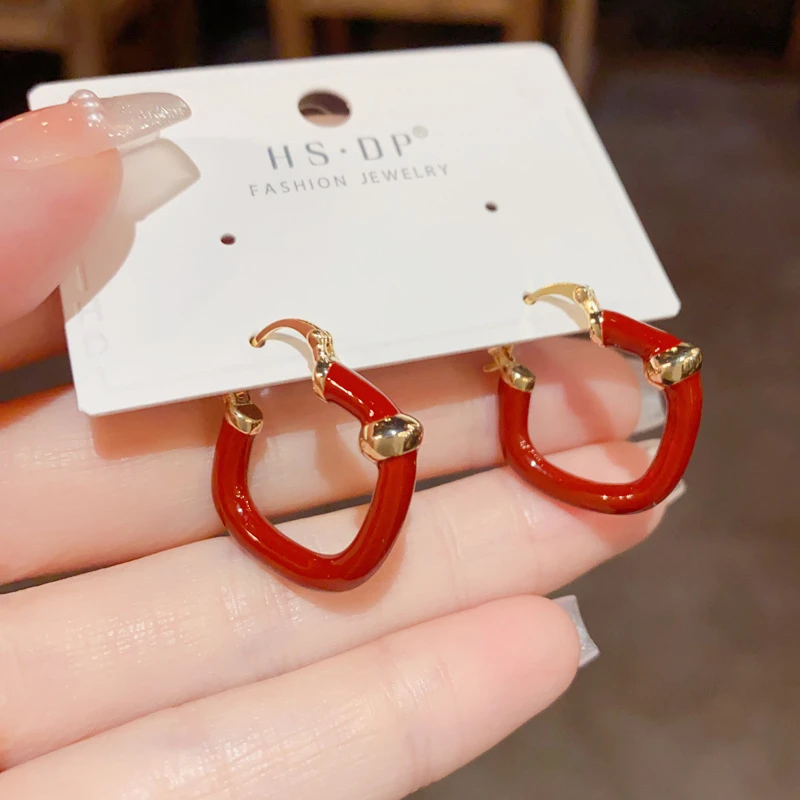 铜合金耳饰 秋冬款安可拉红色滴油菱形耳圈轻奢小众时尚高级感