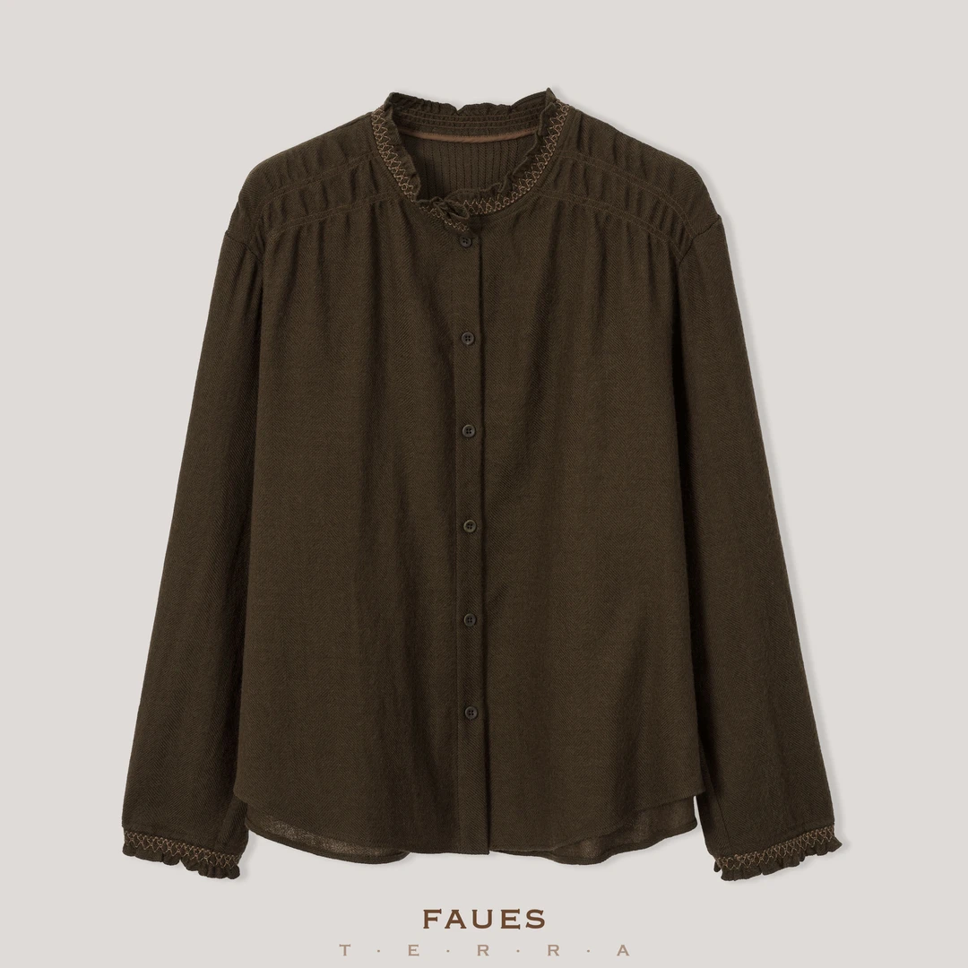 FAUES 摩尔多瓦圆舞曲柔软缩绒羊毛温柔复古手工撞线花边捏褶衬衫