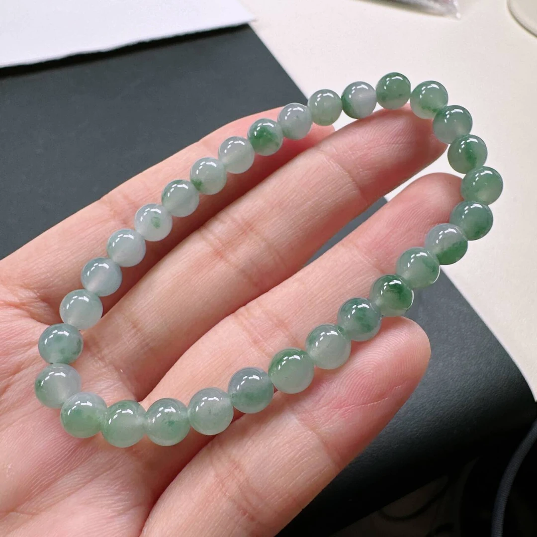 缅甸天然A货翡翠手串卡6.2mm老坑冰胶水润飘花圆珠女款时尚手串
