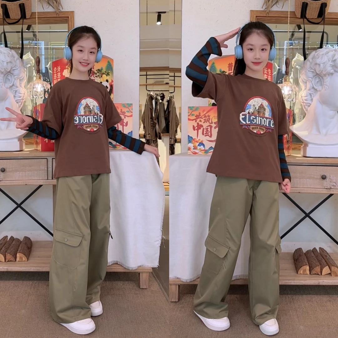 童装复古春秋卡通动漫上衣套头女童套装森系百搭工装裤女童男童装