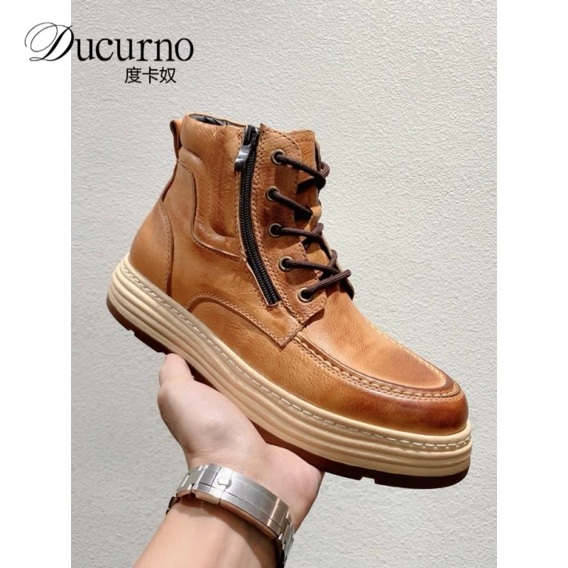 休闲新款高端厚底增高覆古英伦工装棕色牛皮秋季男式耐磨马丁靴