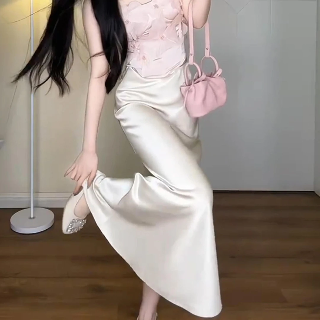 FAVMARTHA米白色丝绸缎面醋酸半身裙女夏季气质包臀鱼尾裙高腰垂