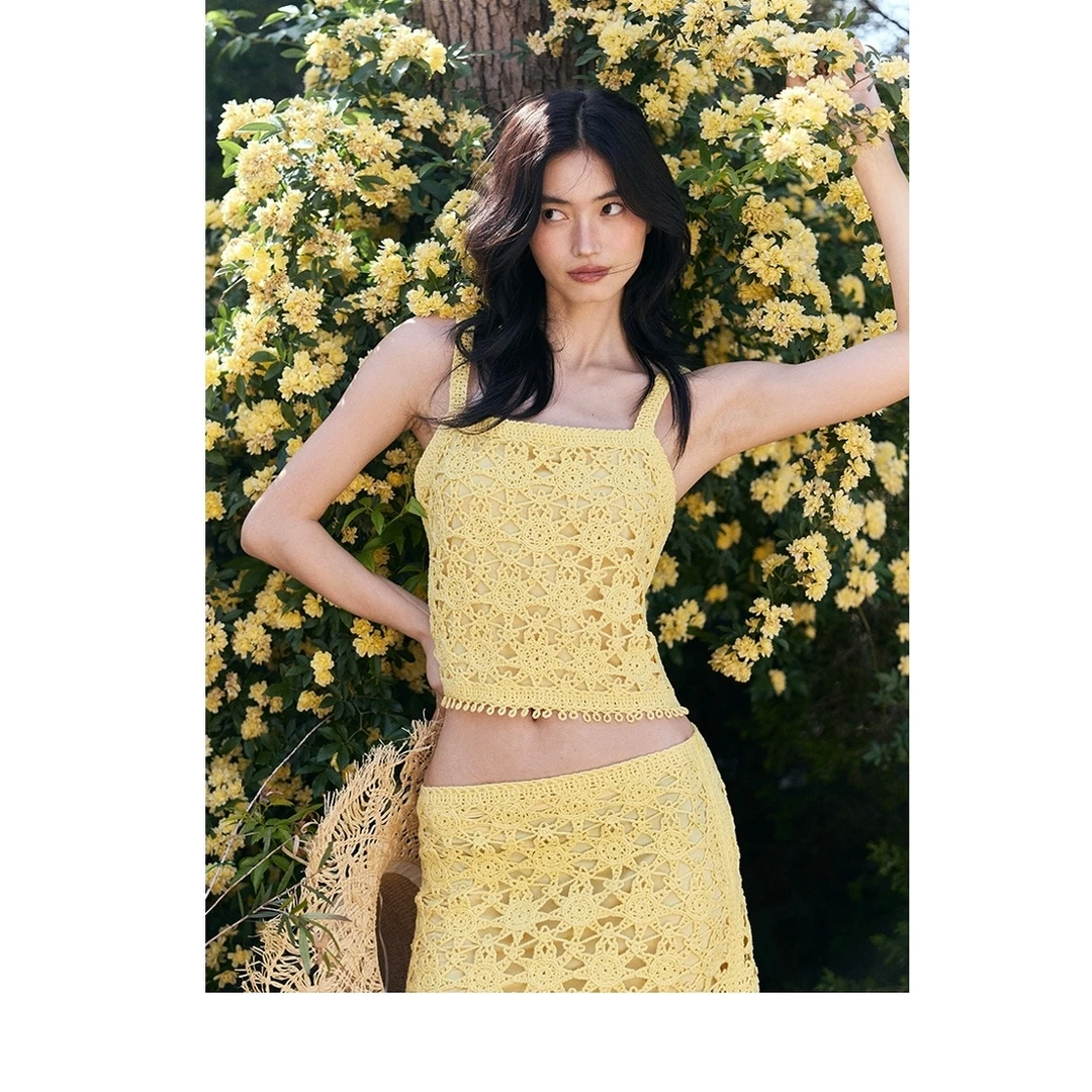 【MonTendre】夏季新款 M 明星同款上衣女甜美编织镂空勾花背心吊带