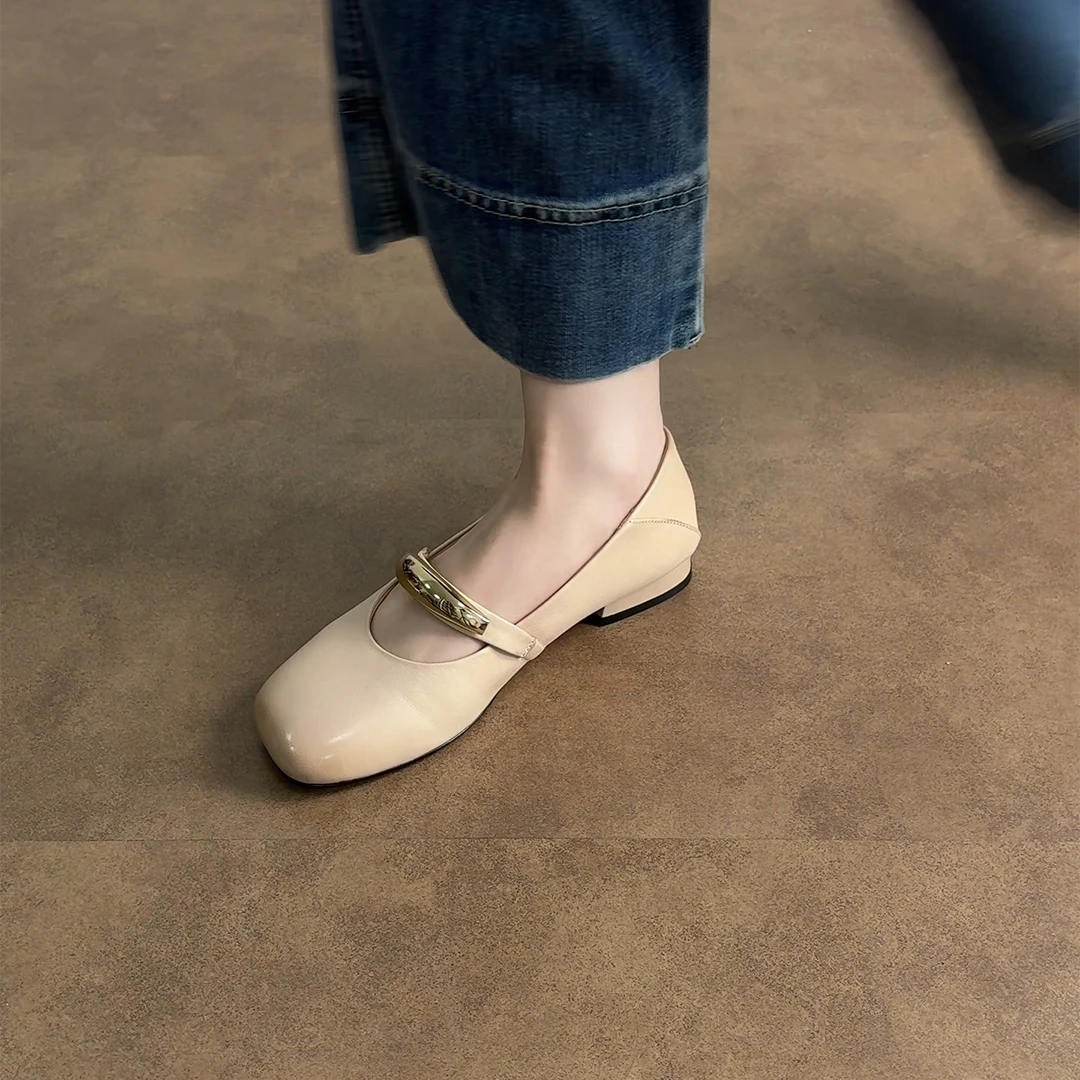 2cm/ED2305牛皮浅口百搭单鞋女春夏复古法式软底温柔方头平跟单鞋