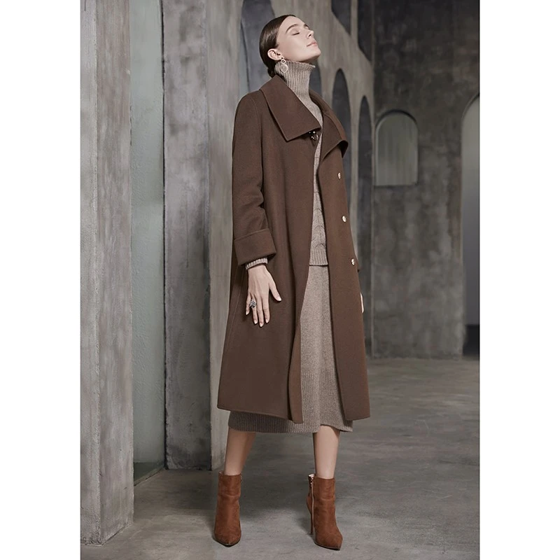 TBTW 鼎奢挚爱 不规则翻领极简 澳洲羊毛呢羊绒大衣女长款外套